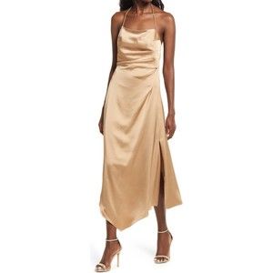 Gold Satin Halter Midi Dress